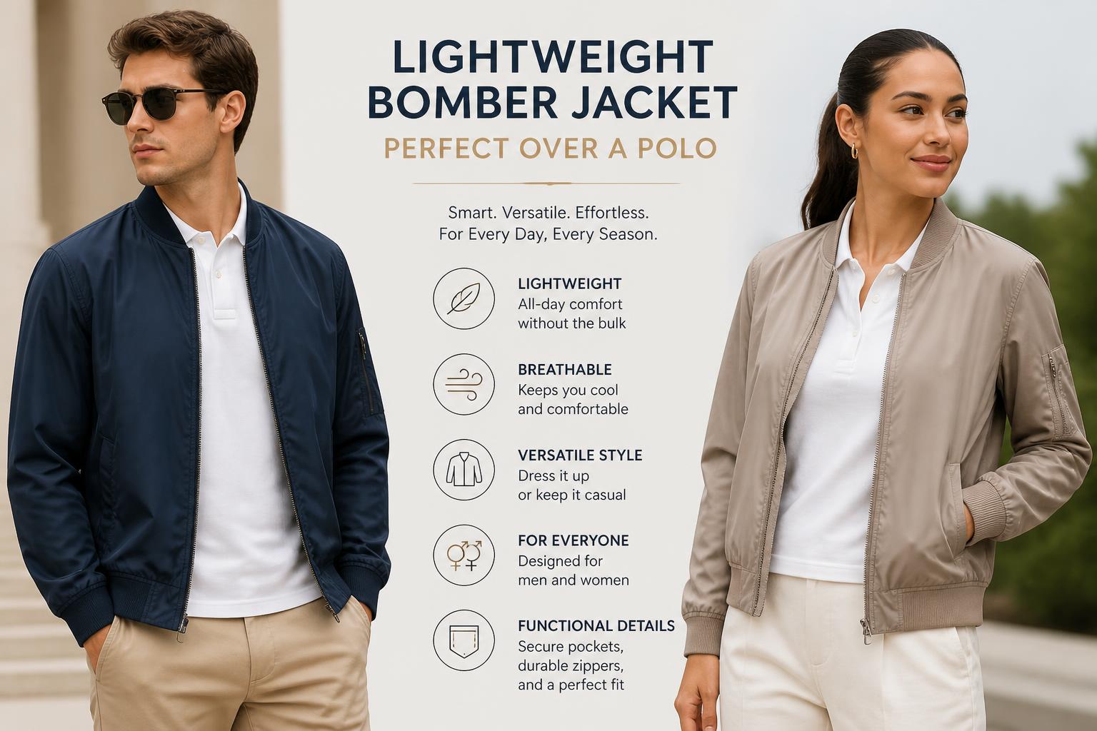 Lightweight Bomber Jacket to Wear Over a Polo Shirt Men and Women Fashion