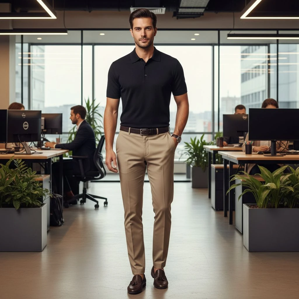 Office Polo Outfits That Look Professional Black Polo With Beige Trousers