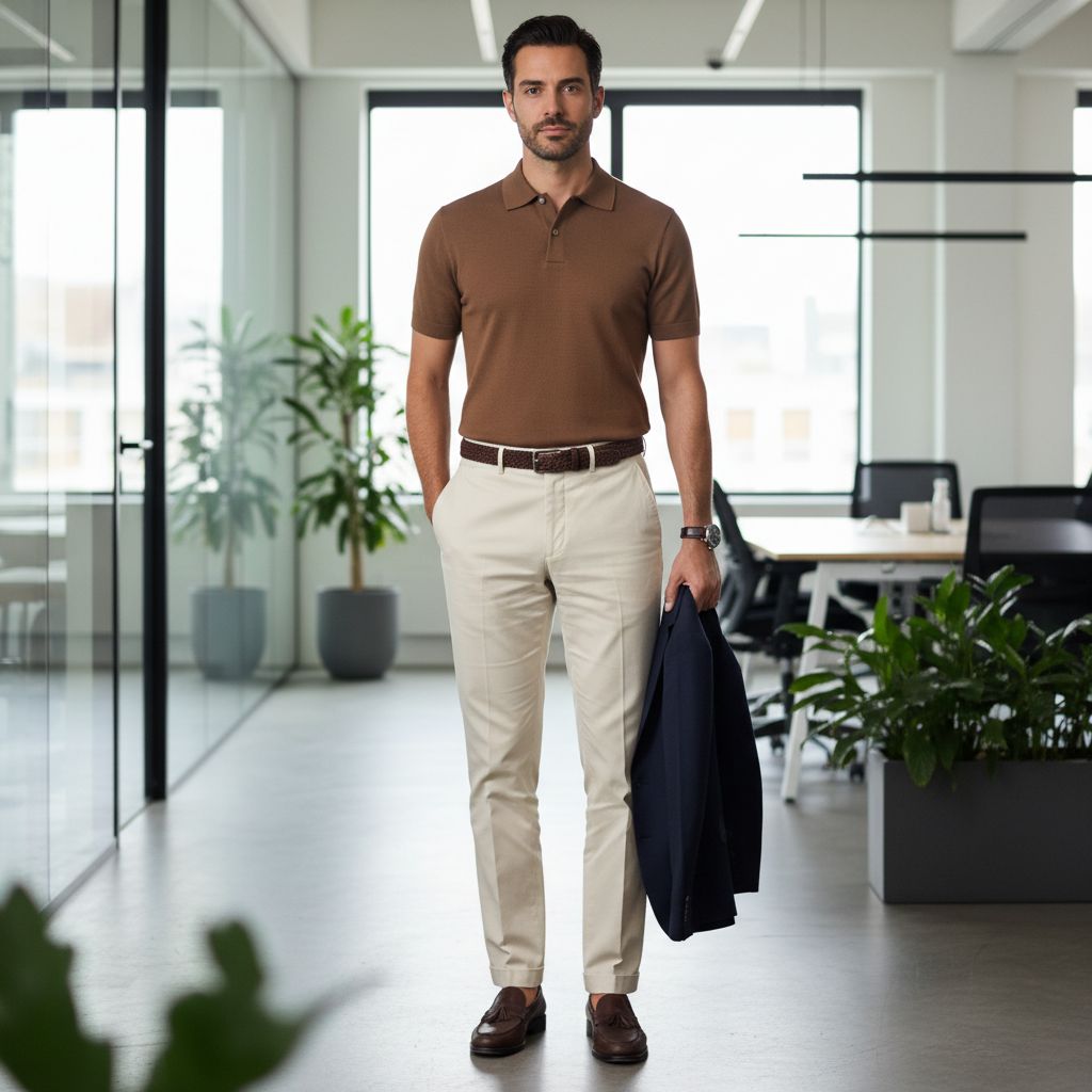 Office Polo Outfits That Look Professional Brown Polo With Cream Trousers