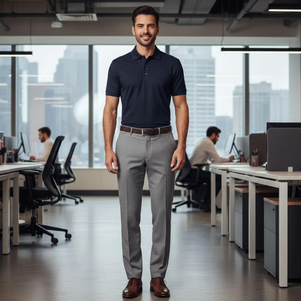 Office Polo Outfits That Look Professional Navy Polo With Light Grey Trousers
