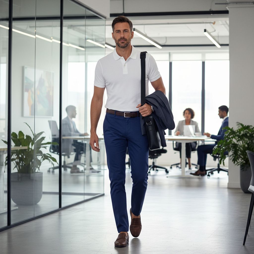 Office Polo Outfits That Look Professional White Polo With Navy Chinos