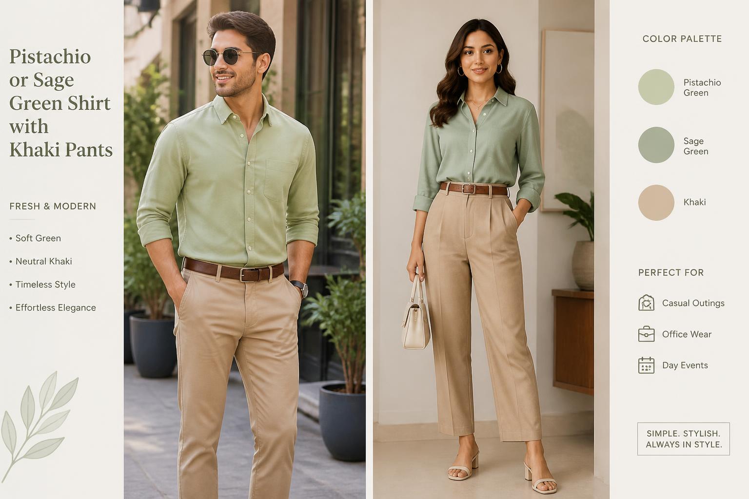 Pistachio or Sage Green Shirt with Khaki Pants Fresh and Modern fashion for men and women
