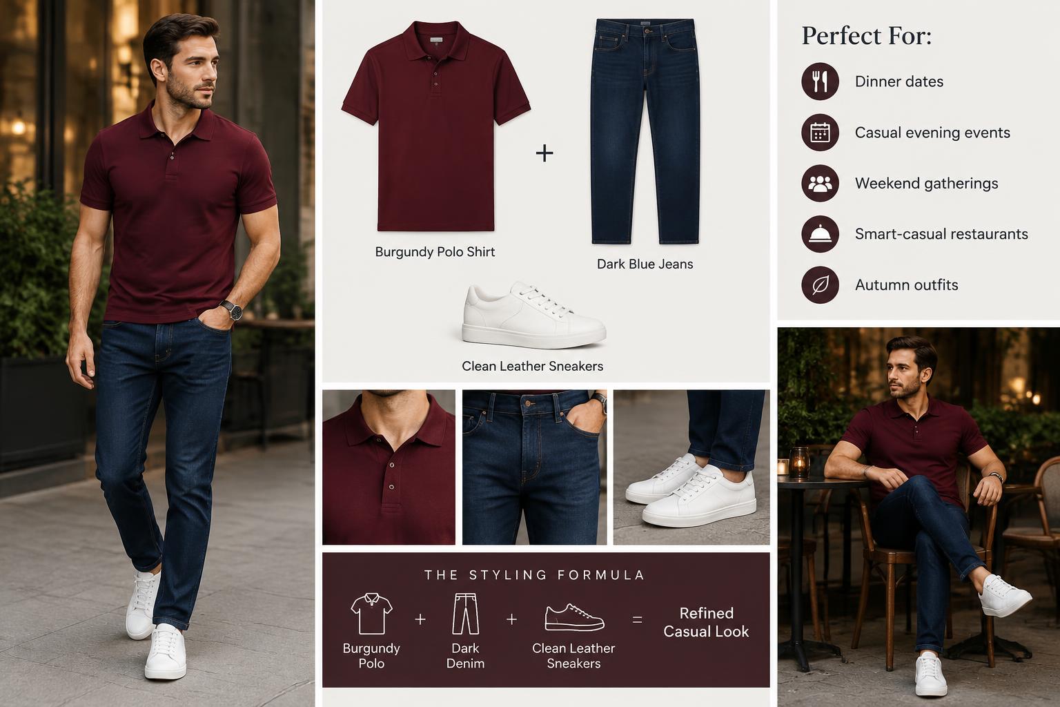Polo T shirt and Jeans Combos Burgundy Polo Shirt with Dark Blue Jeans
