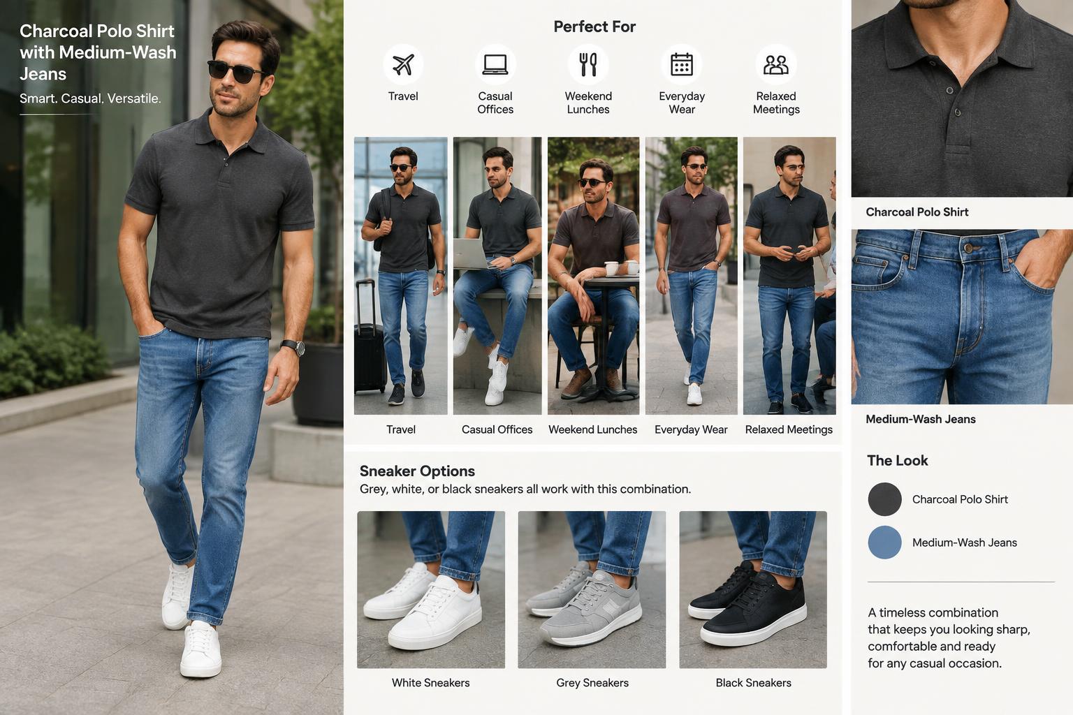 Polo T shirt and Jeans Combos Charcoal Polo Shirt with Medium Wash Jeans