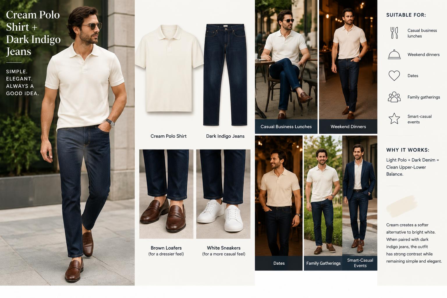 Polo T shirt and Jeans Combos Cream Polo Shirt with Dark Indigo Jeans