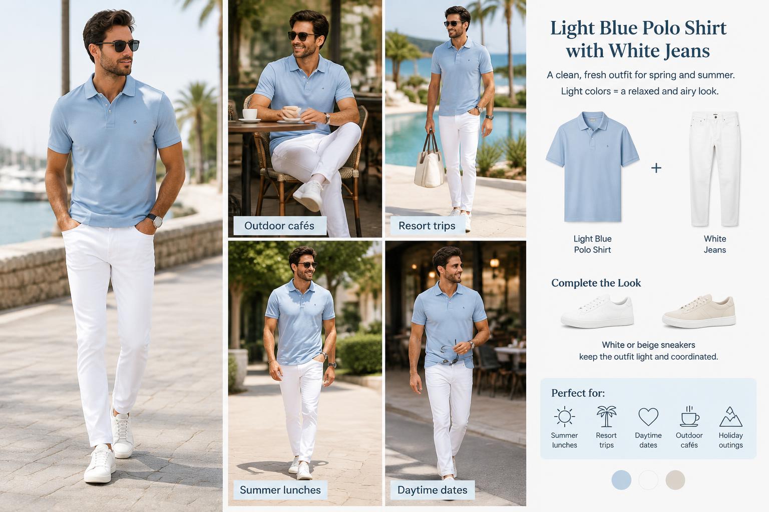 Polo T shirt and Jeans Combos Light Blue Polo Shirt with White Jeans