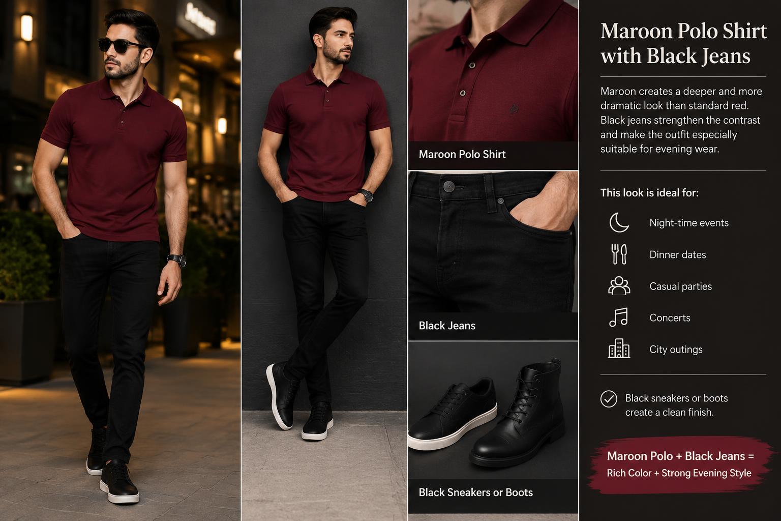 Polo T shirt and Jeans Combos Maroon Polo Shirt with Black Jeans
