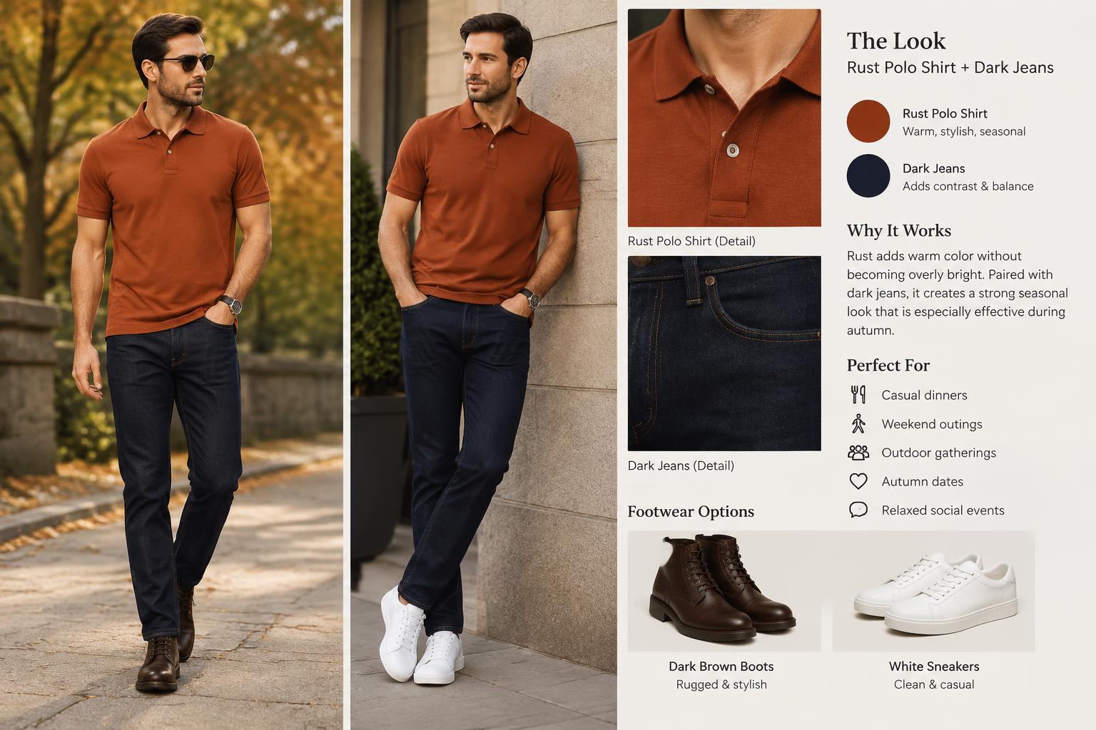 Polo T shirt and Jeans Combos Rust Polo Shirt with Dark Jeans