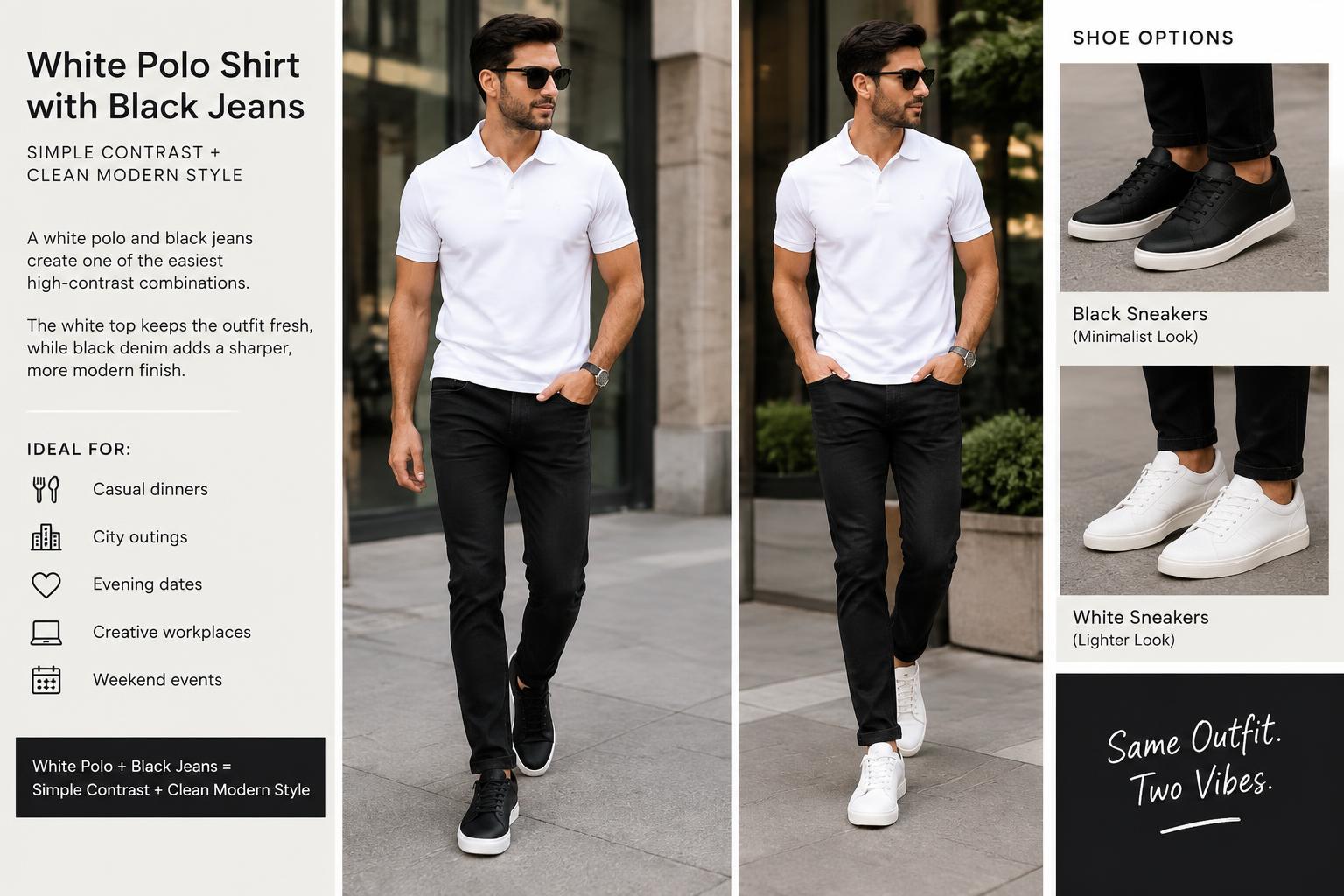 Polo T shirt and Jeans Combos White Polo Shirt with Black Jeans