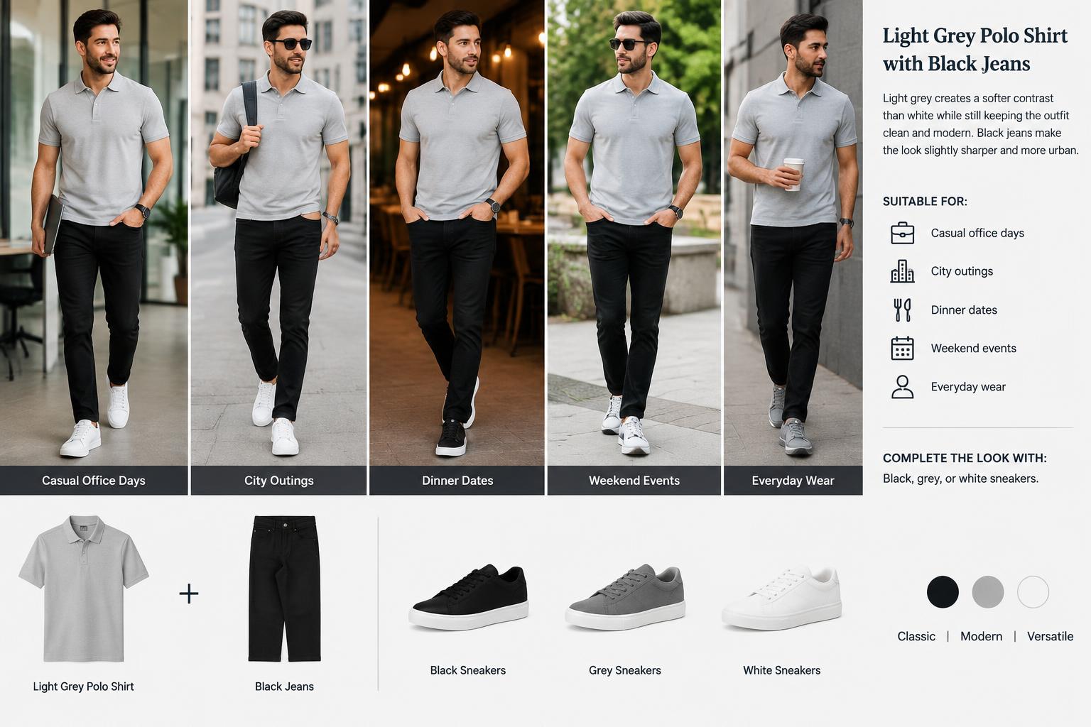 Polo T shirt and Jeans CombosLight Grey Polo Shirt with Black Jeans