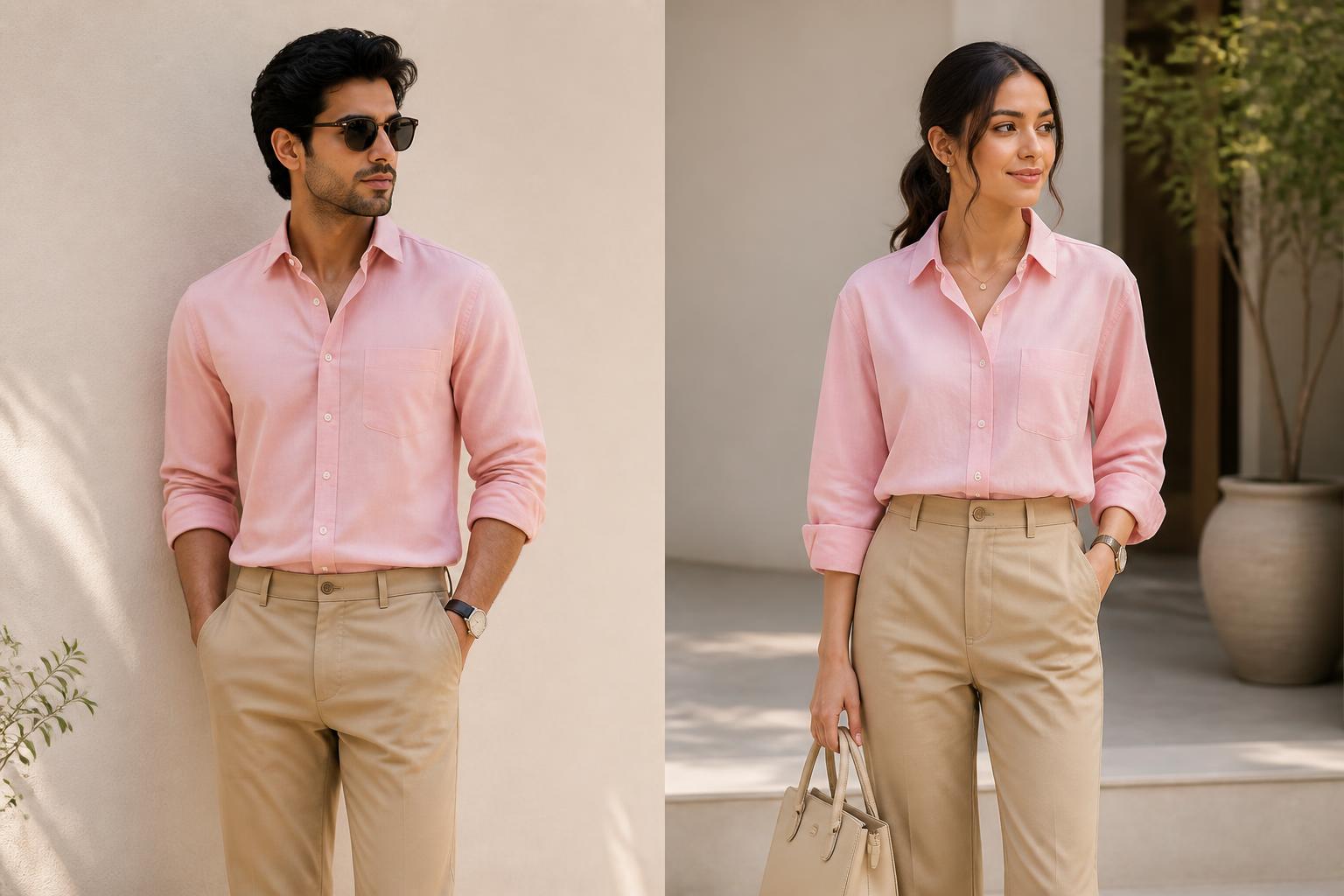 Soft Pink Shirt with Khaki Pants fashion for men and women
