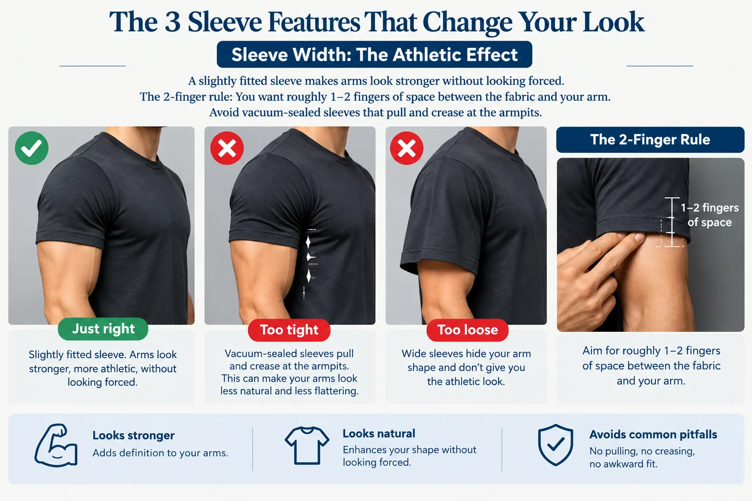 Sleeve width determines how closely the fabric sits around the upper arm. A sleeve that is slightly fitted can make the arms look more defined without making the T-shirt feel overly tight. The key is to avoid extremes.