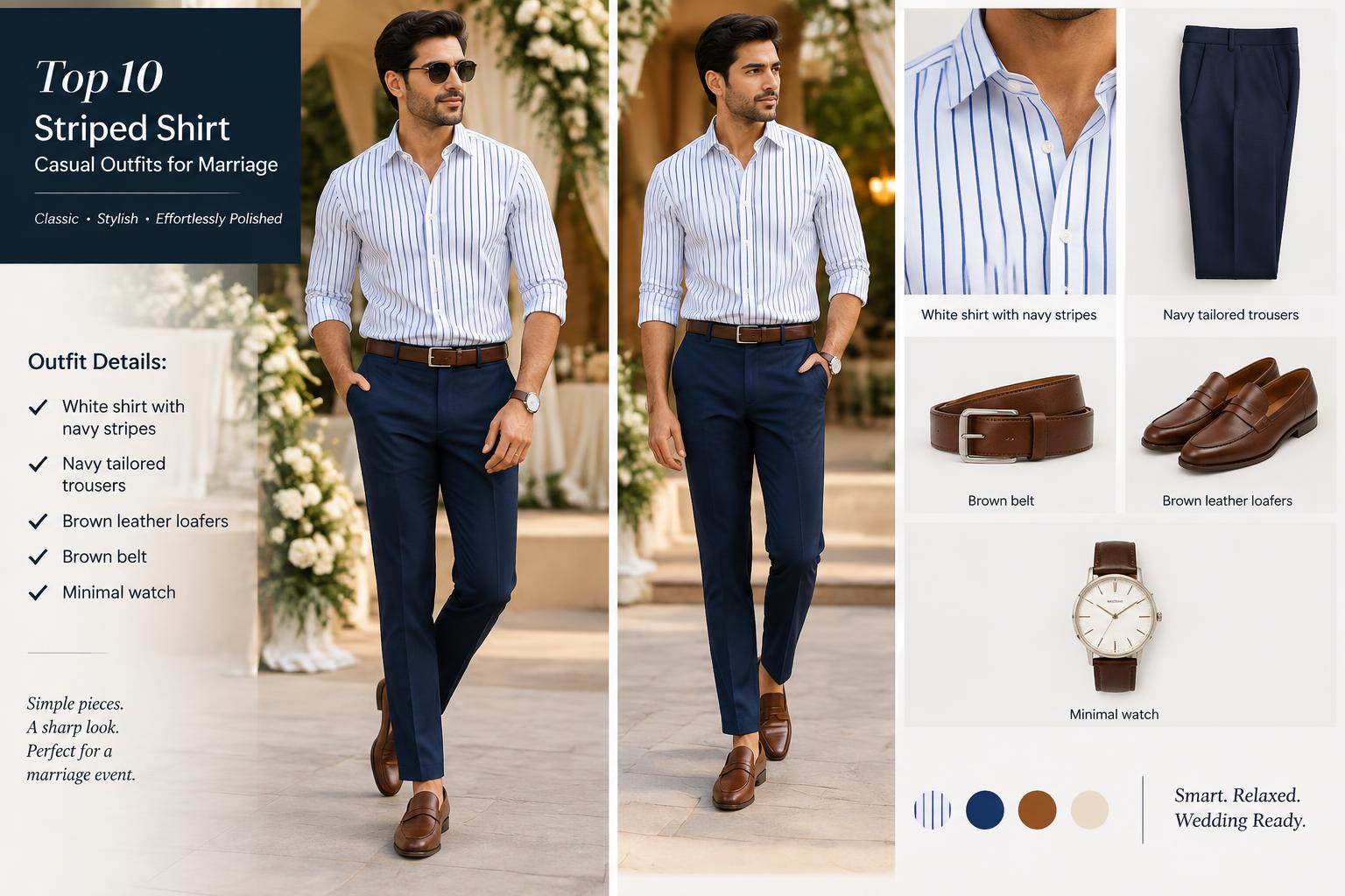 Top 10 Striped Shirt Casual Outfits for Marriage White Striped Shirt with Navy Trousers