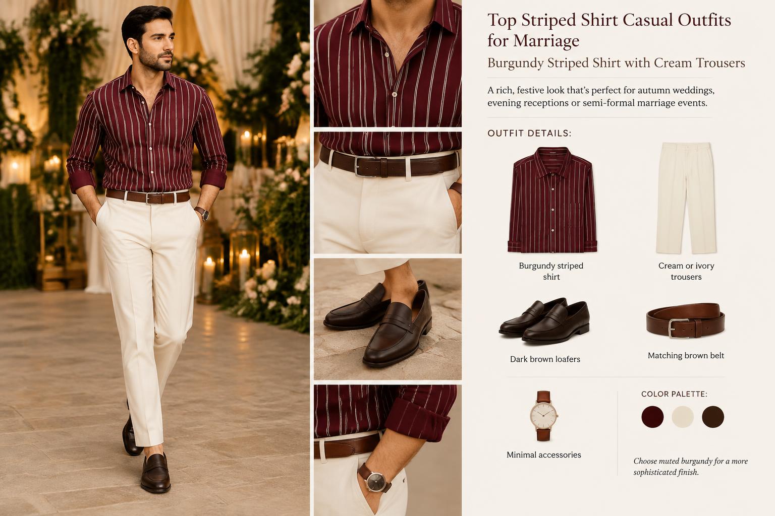Top Striped Shirt Casual Outfits for Marriage Burgundy Striped Shirt with Cream Trousers