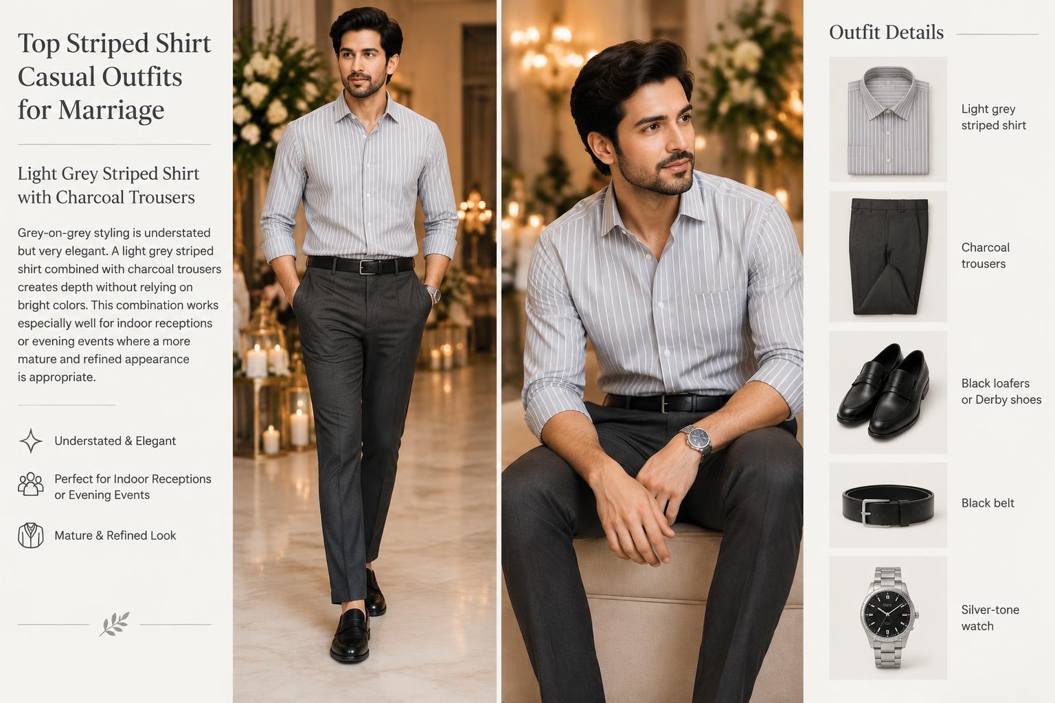 Top Striped Shirt Casual Outfits for Marriage Light Grey Striped Shirt with Charcoal Trousers