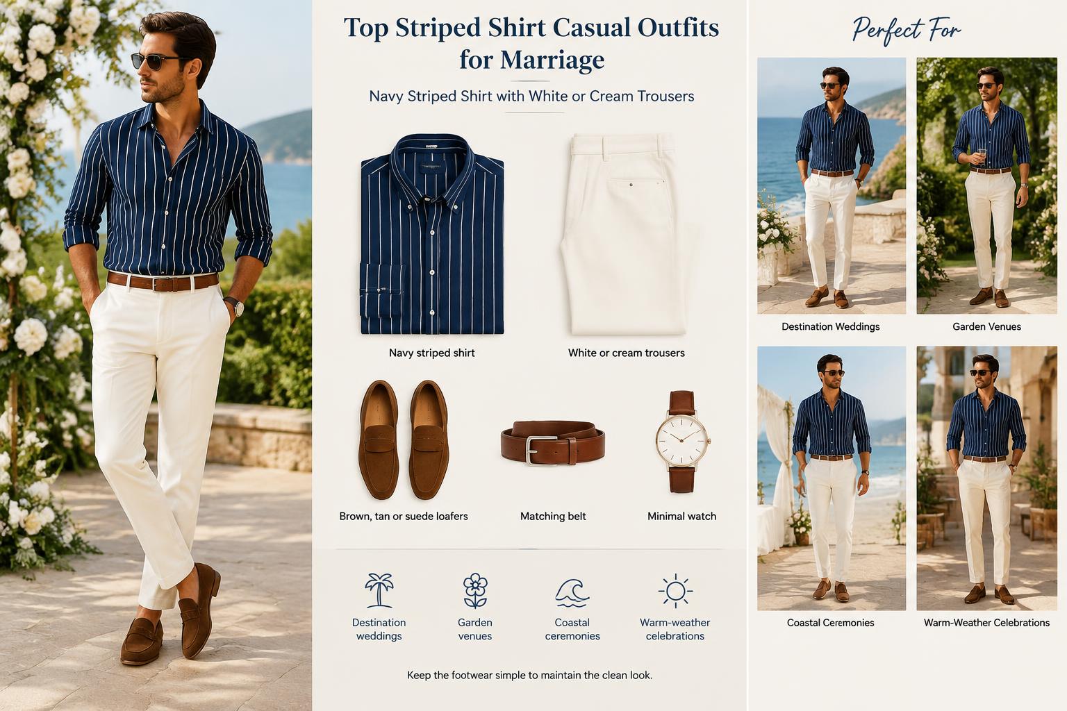 Top Striped Shirt Casual Outfits for Marriage Navy Striped Shirt with White or Cream Trousers