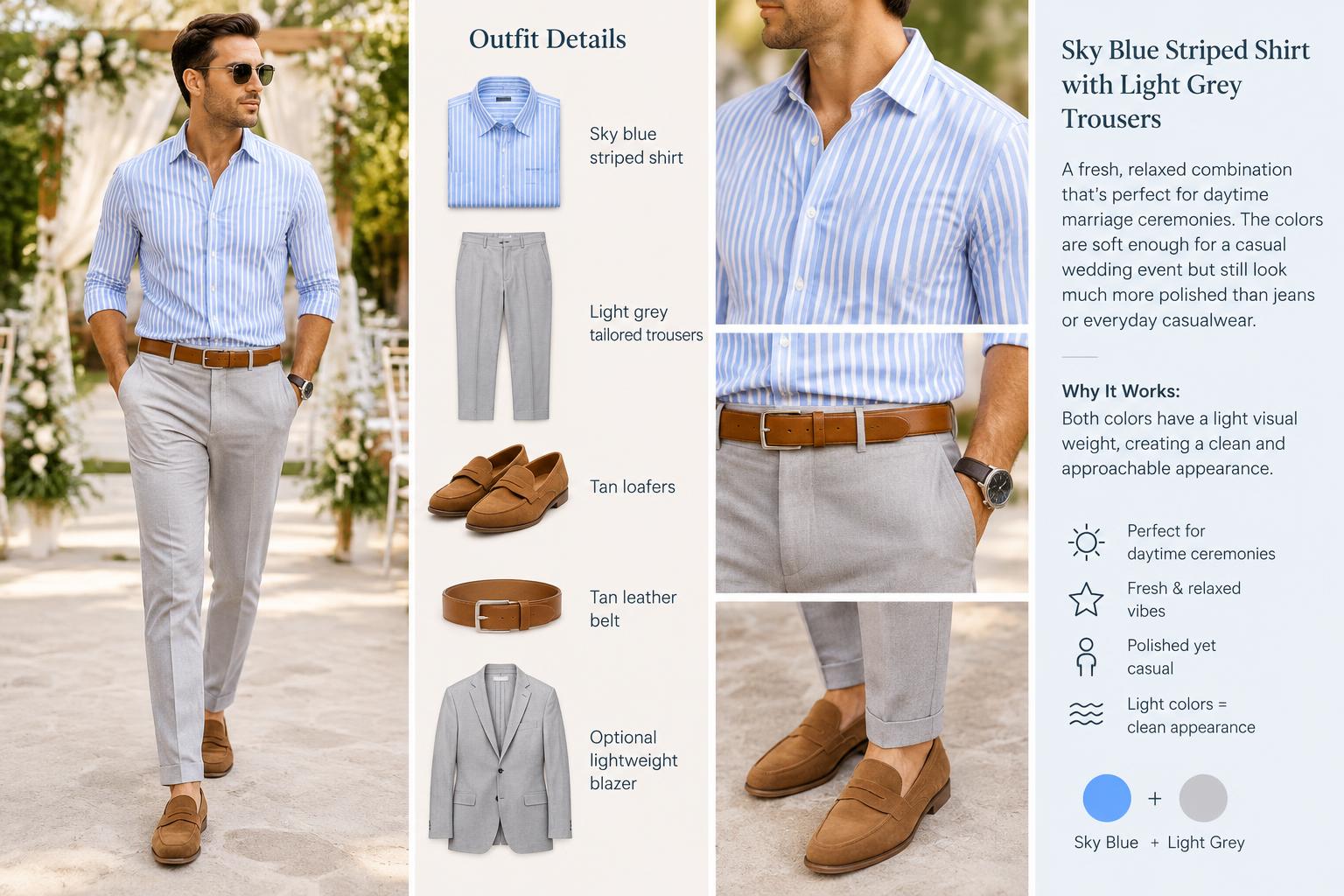 Top Striped Shirt Casual Outfits for Marriage Sky Blue Striped Shirt with Light Grey Trousers