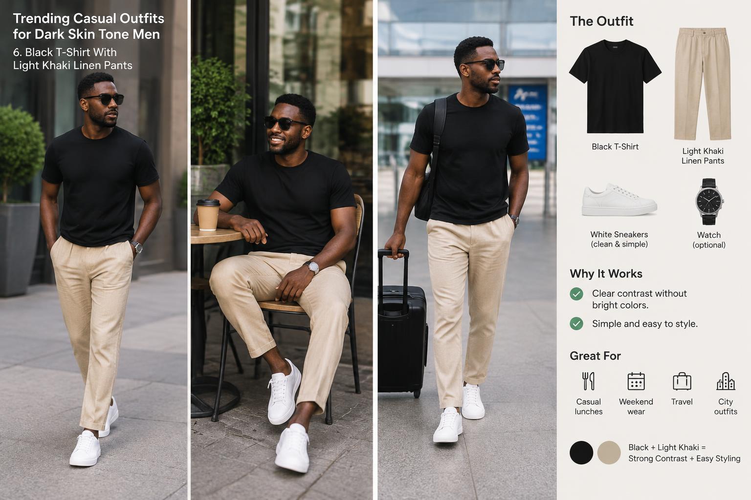 Trending Casual Outfits for Dark Skin Tone Men 6. Black T Shirt With Light Khaki Linen Pants