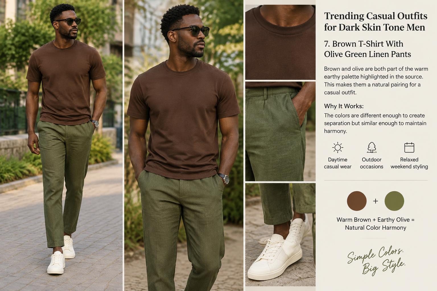 Trending Casual Outfits for Dark Skin Tone Men 7. Brown T Shirt With Olive Green Linen Pants