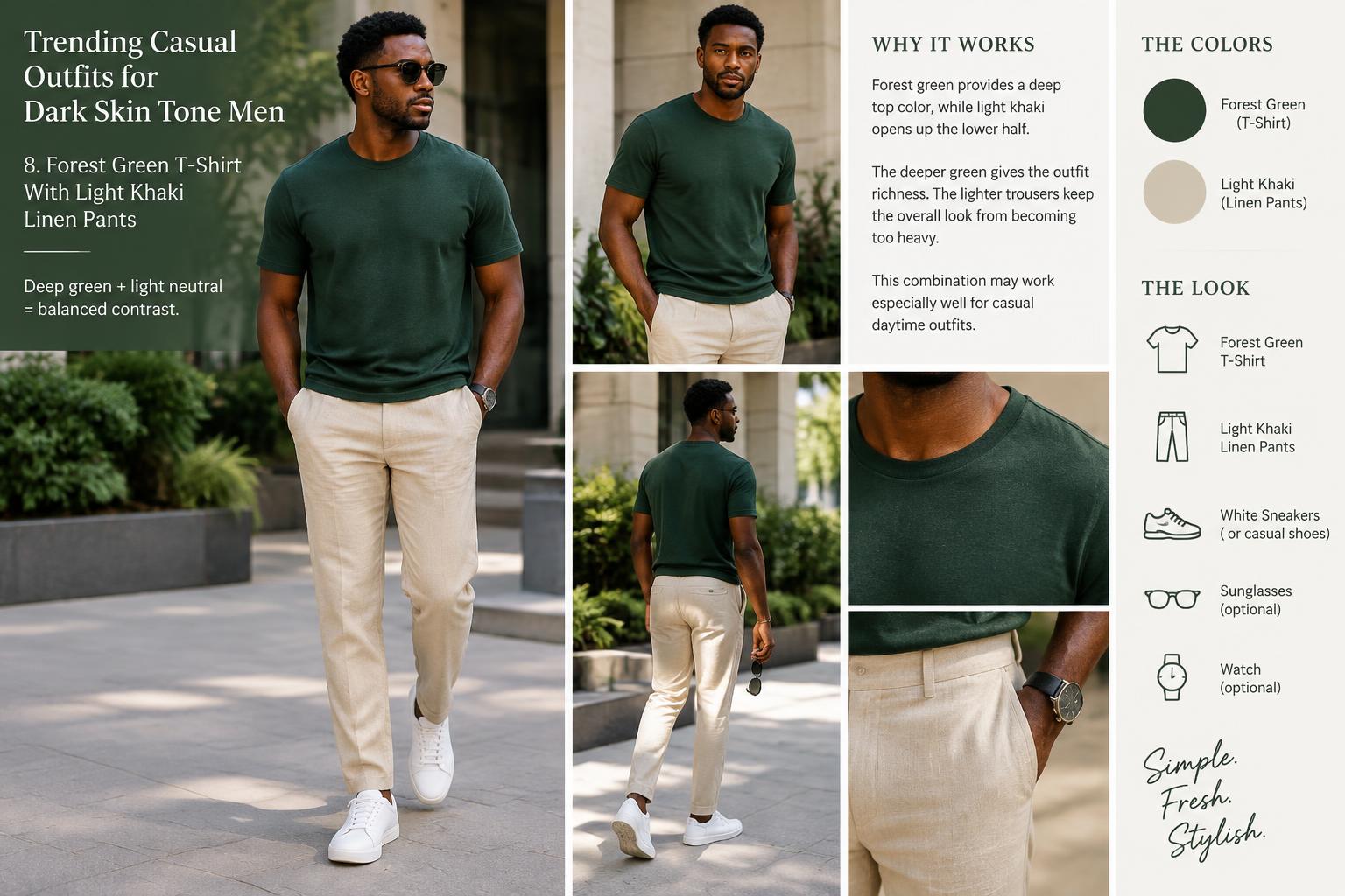Trending Casual Outfits for Dark Skin Tone Men 8. Forest Green T Shirt With Light Khaki Linen Pants