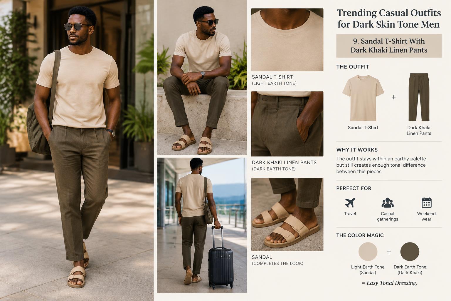 Trending Casual Outfits for Dark Skin Tone Men 9. Sandal T Shirt With Dark Khaki Linen Pants