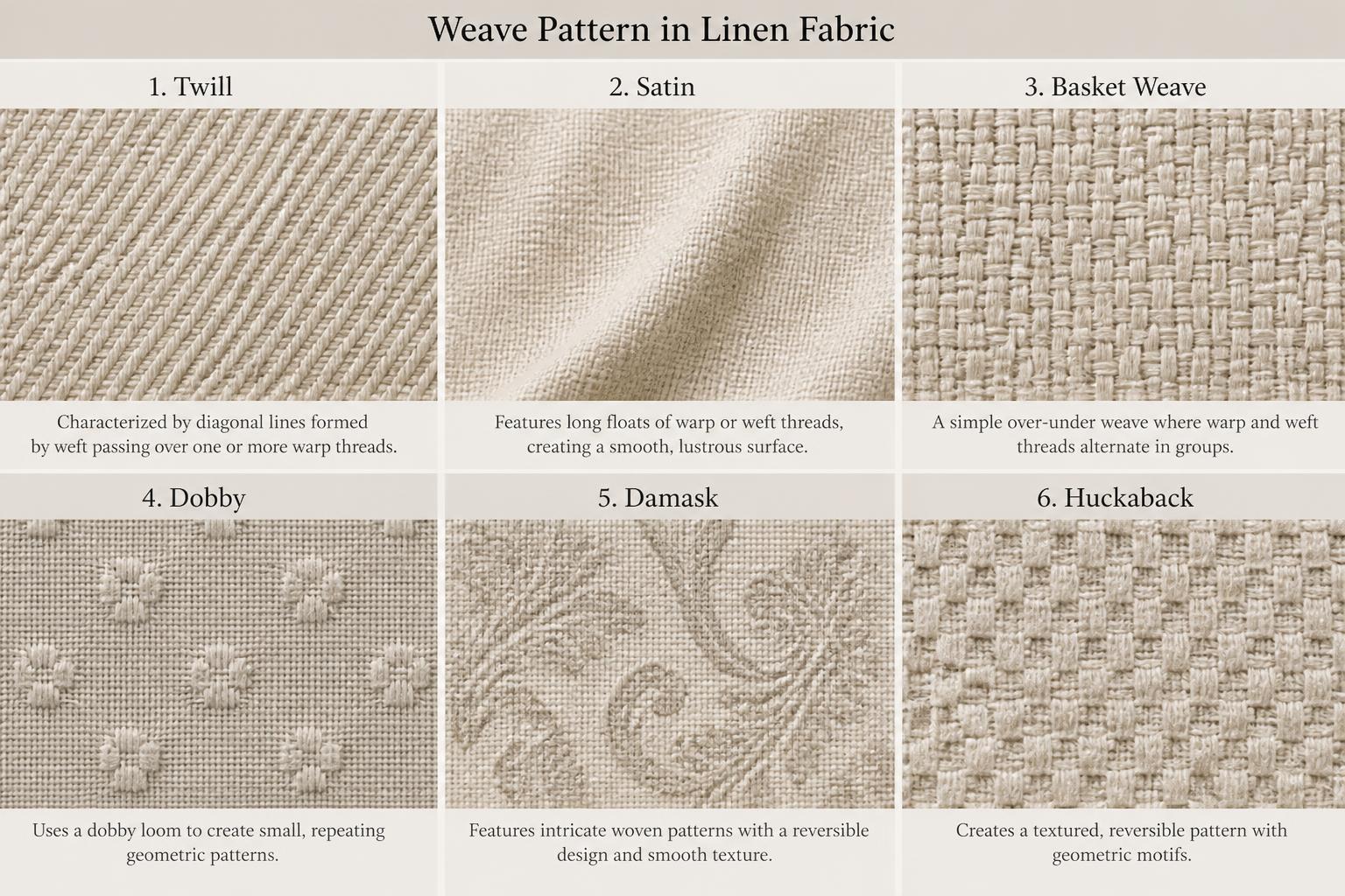 Weave Pattern in Linen Fabric Twill Satin Basket Dobby Damask Huckaback