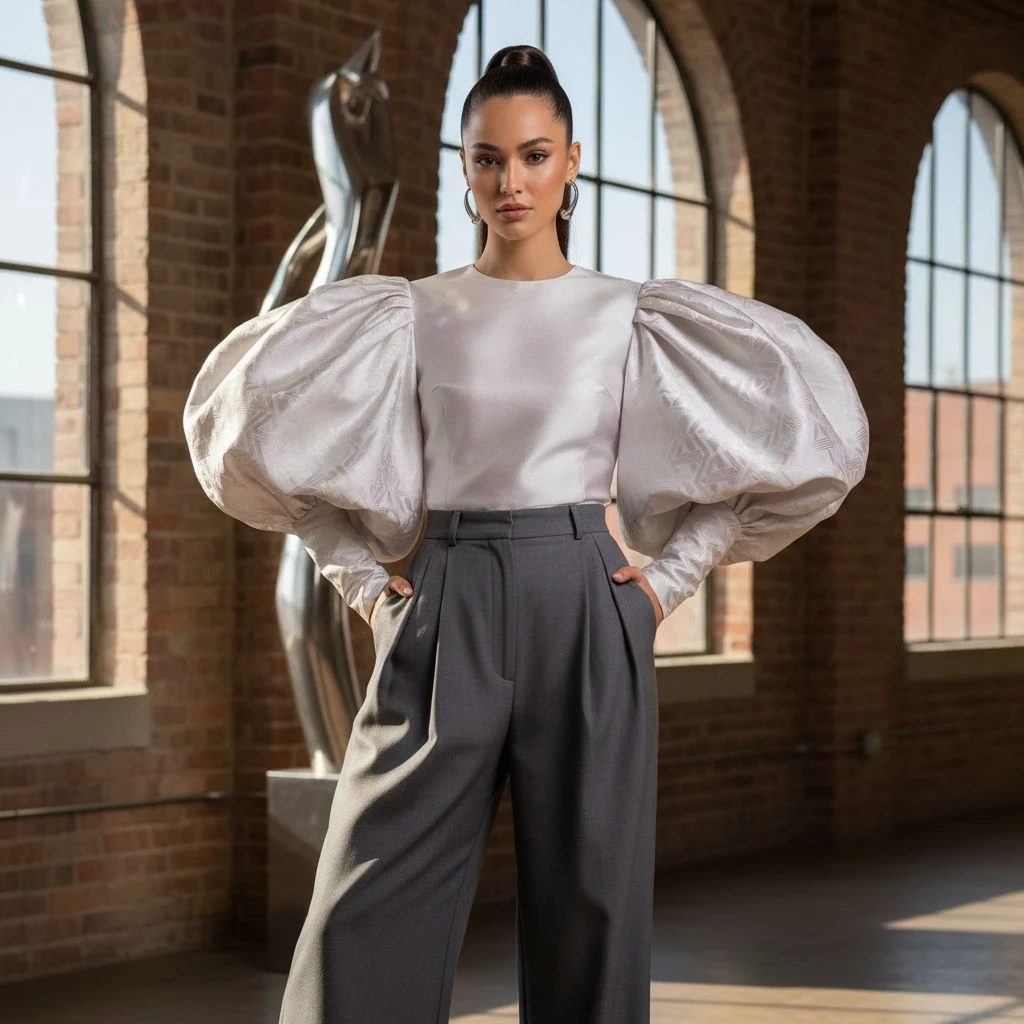 Balloon sleeves are full and voluminous throughout the sleeve and gathered tightly at the wrist, creating a dramatic puffed effect.