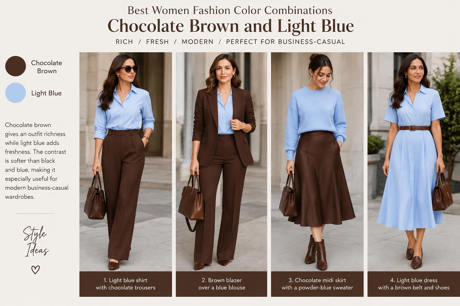 Best Women Fashion Color Combinations Chocolate Brown and Light Blue