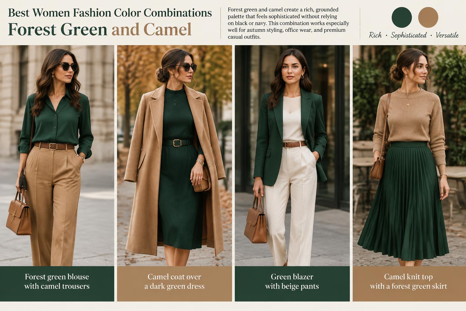 Best Women Fashion Color Combinations Forest Green and Camel