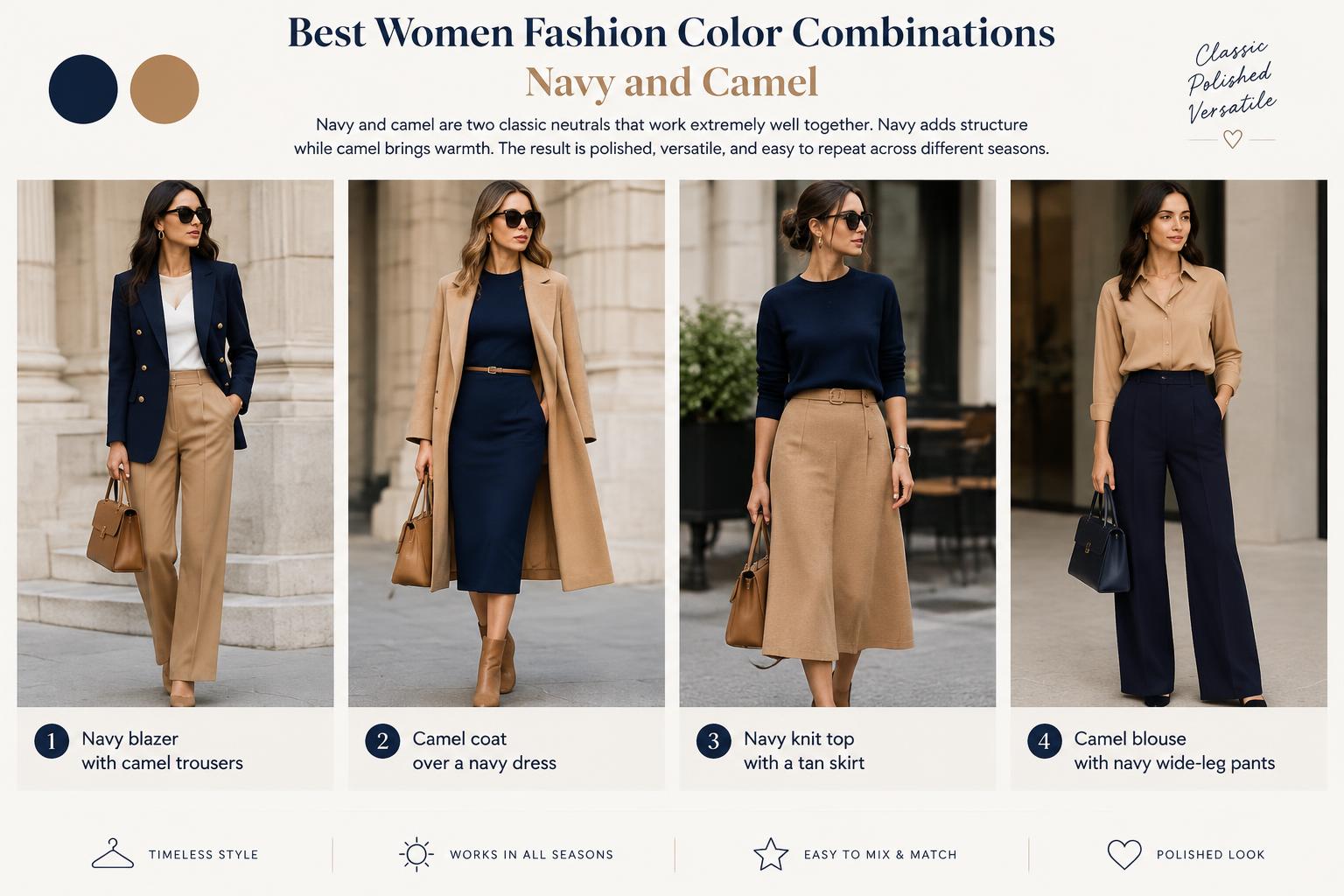 Best Women Fashion Color Combinations Navy and Camel