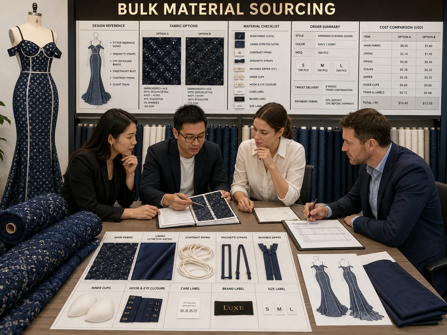 The sourcing team compares suppliers and orders the approved fabrics, trims, labels, and accessories in bulk quantities.