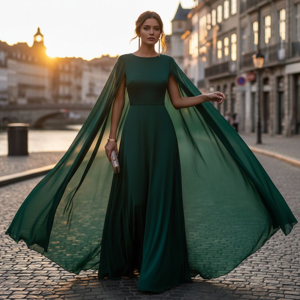 Cape sleeves extend over the shoulders like a draped cape rather than fitting closely around the arm, creating a dramatic and elegant effect.