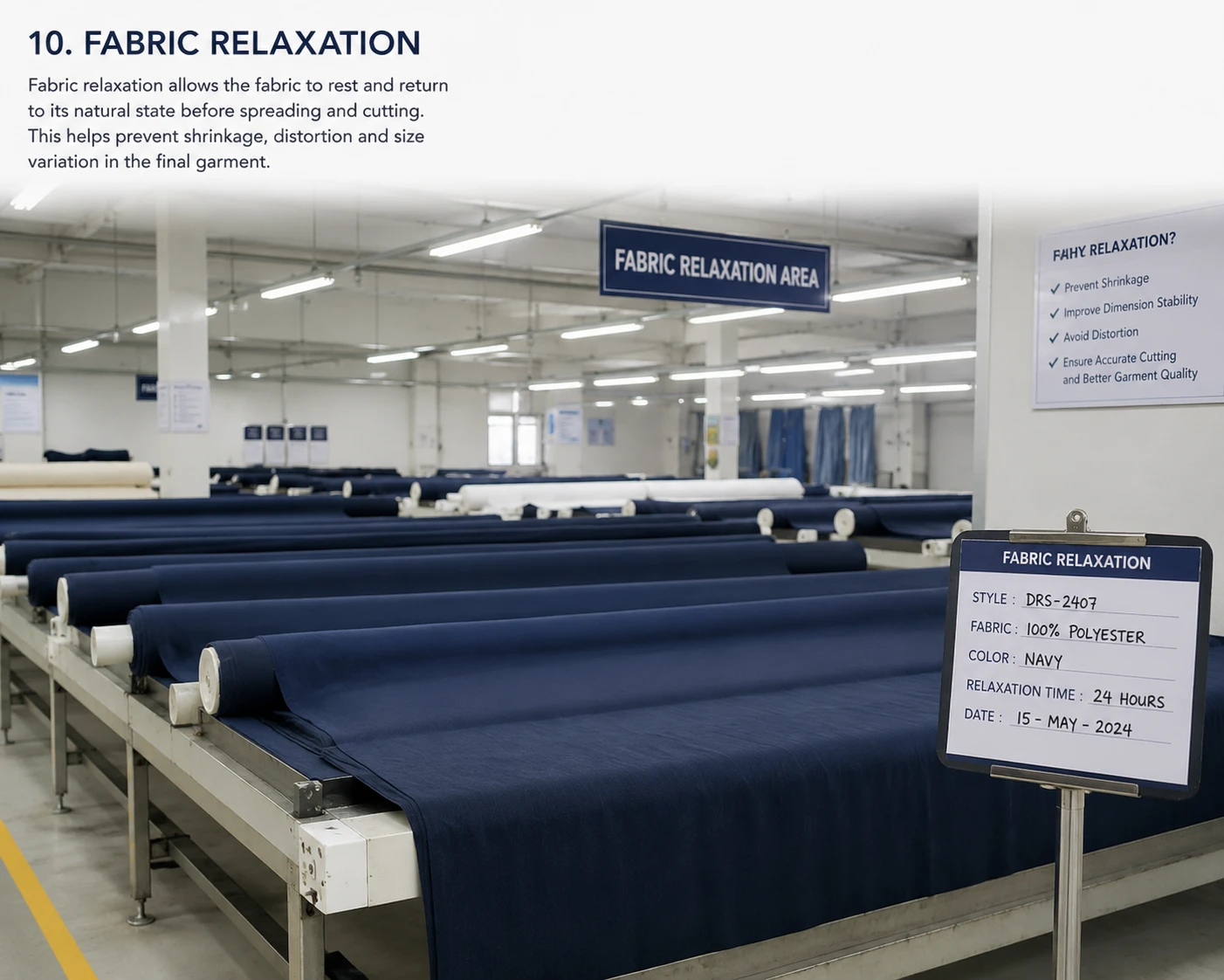 Fabric is laid flat and allowed to rest so internal tension is released before spreading and cutting.