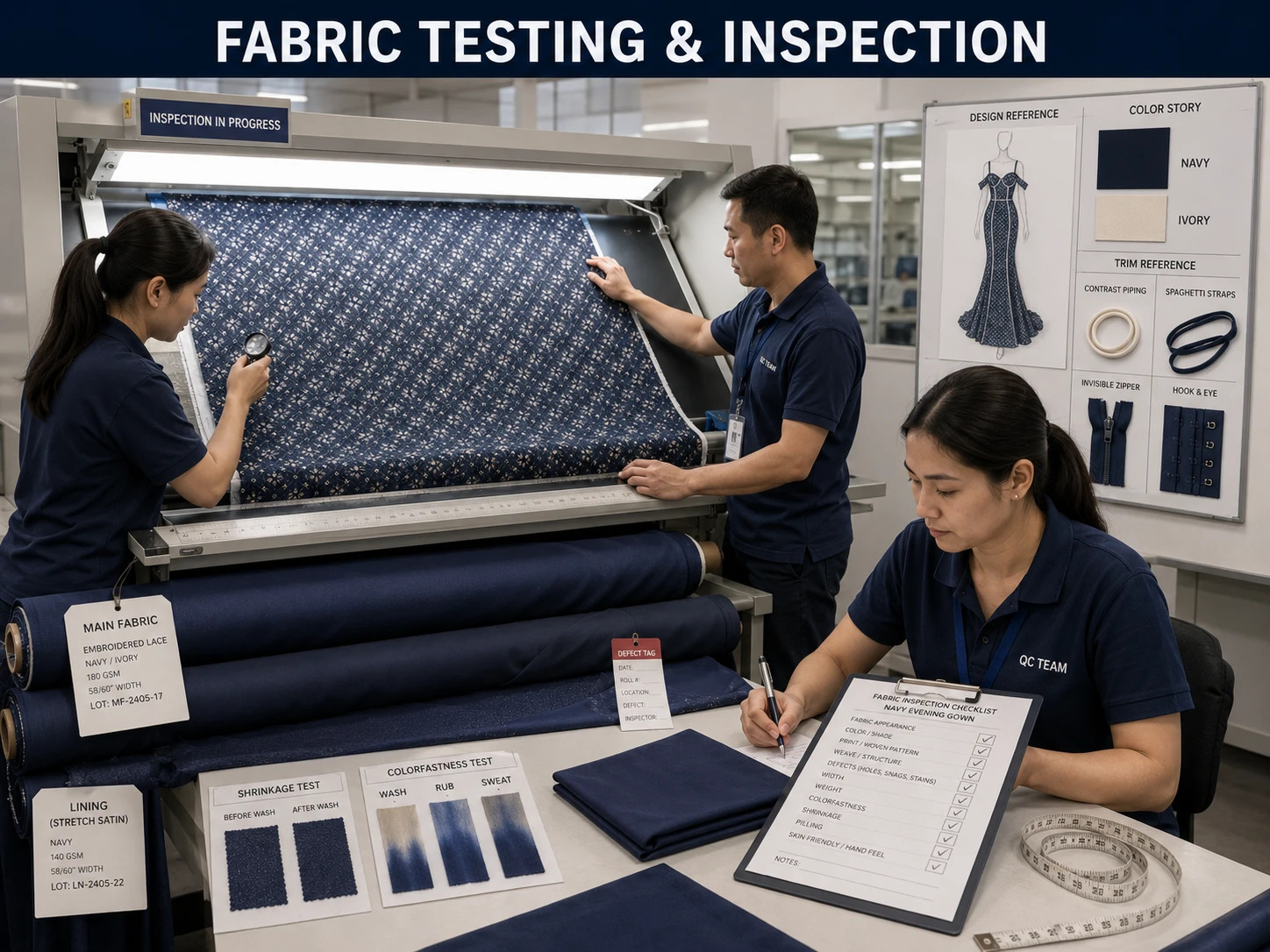 Quality inspectors check fabric appearance, shade, defects, width, shrinkage, and colorfastness before cutting.
