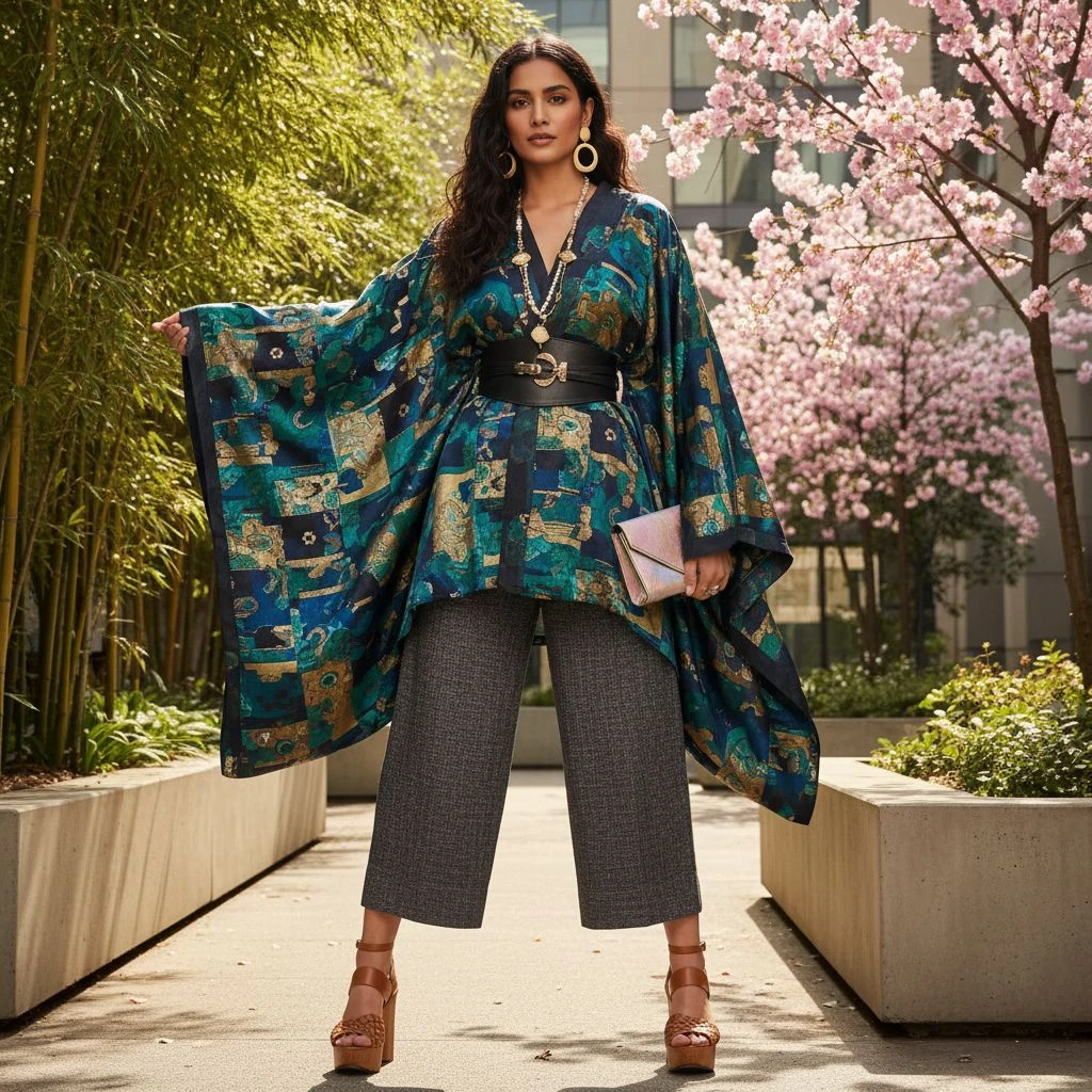 Kimono sleeves creates a loose, flowing silhouette inspired by traditional Japanese garments.