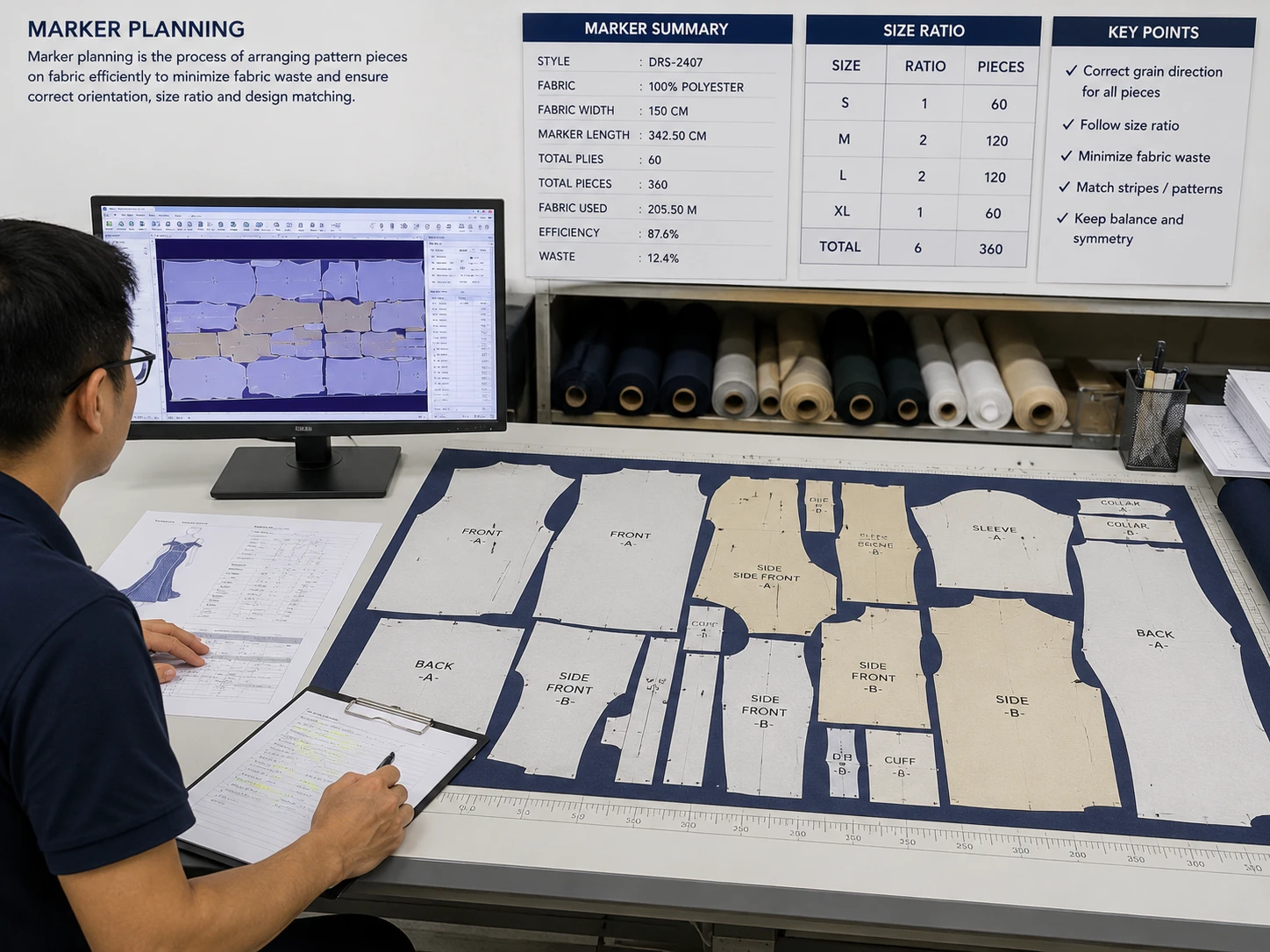 Pattern pieces are arranged efficiently within the fabric width to reduce waste and maintain the correct size ratio.