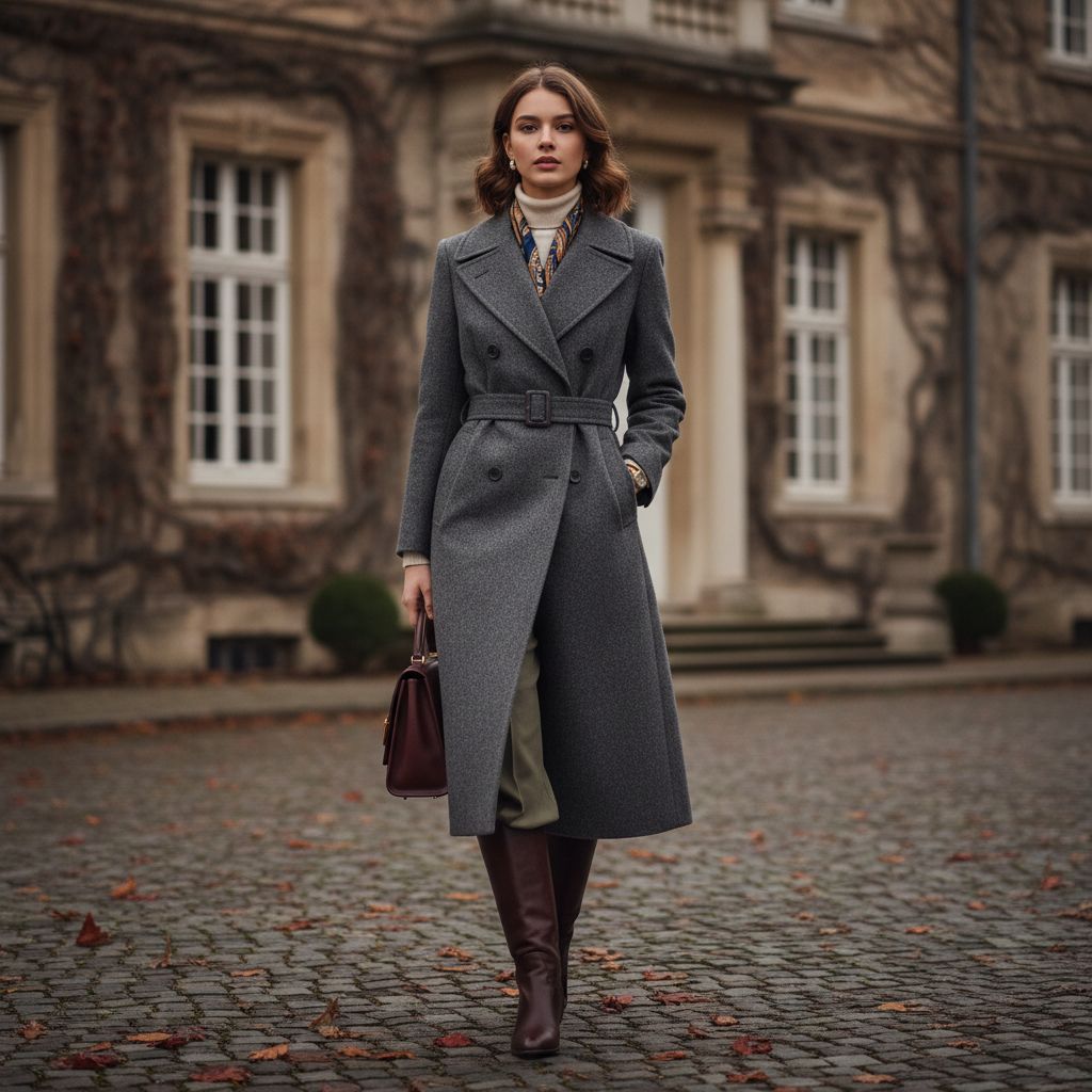 Old Money fashion Wool Coat wear by a beautiful young Women
