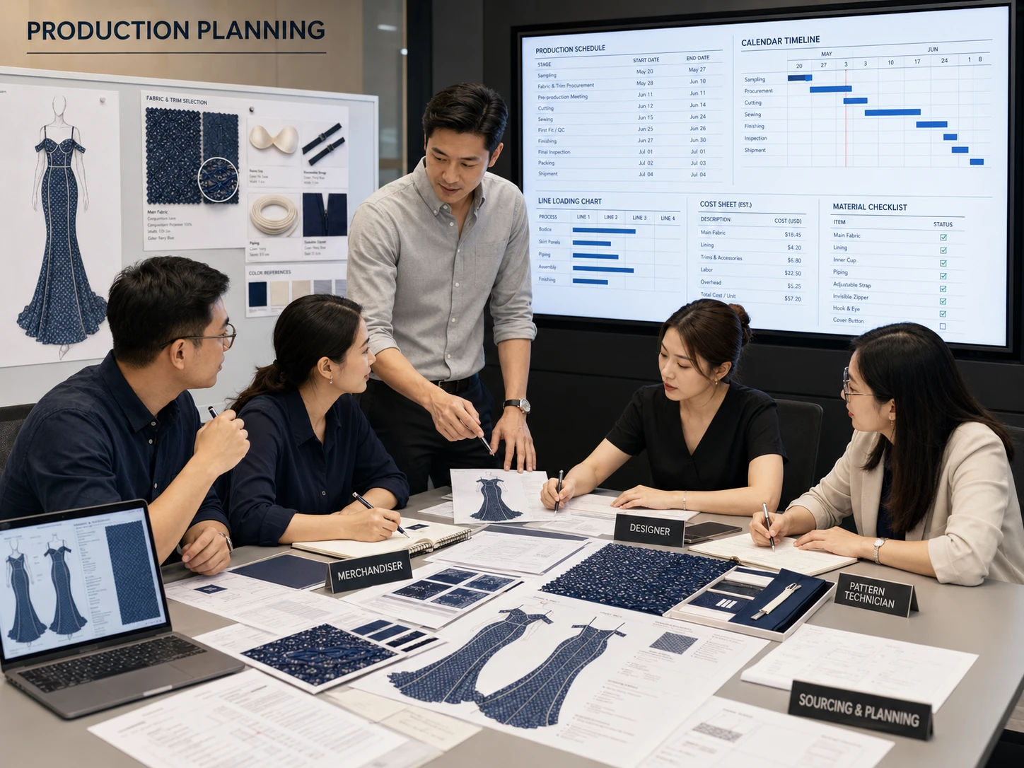 The production team reviews materials, costs, timelines, line capacity, and delivery requirements before manufacturing begins.