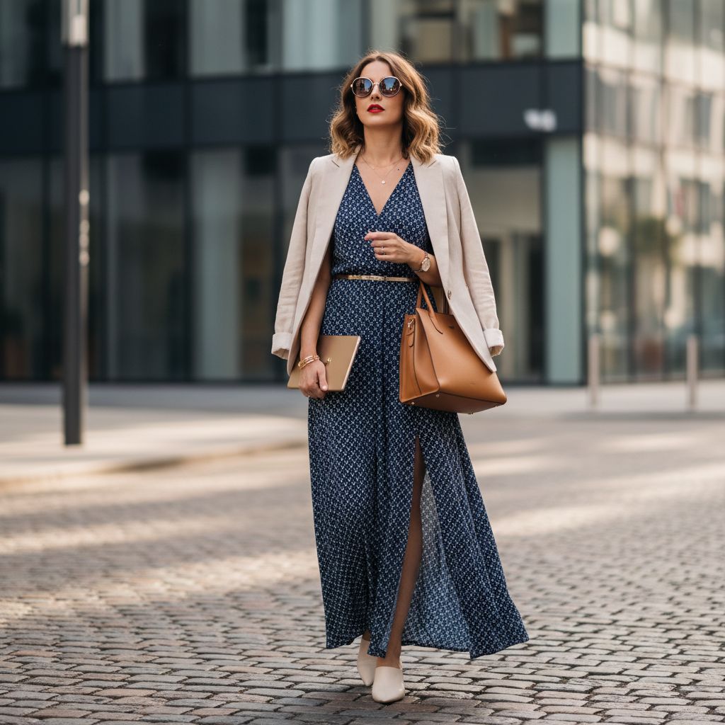 Stylish Casual Outfits for the Modern Business Woman Elegant Maxi Dress with a Light Jacket 2