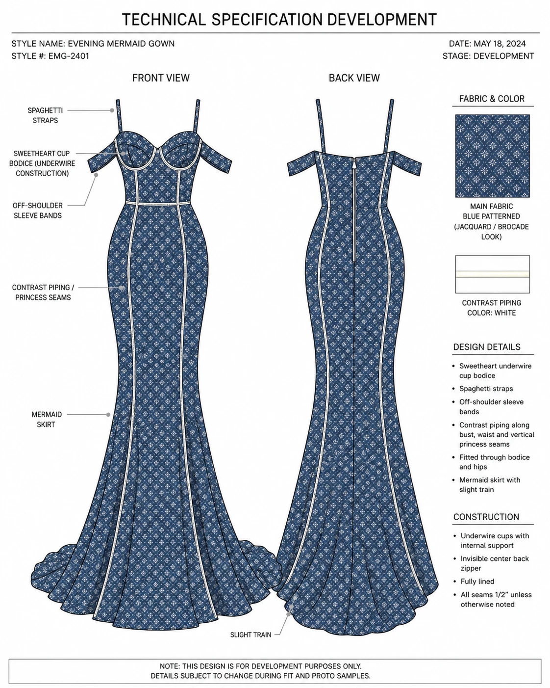 Technical drawings show the garment&rsquo;s front and back views, construction details, fabric, color, and measurements.