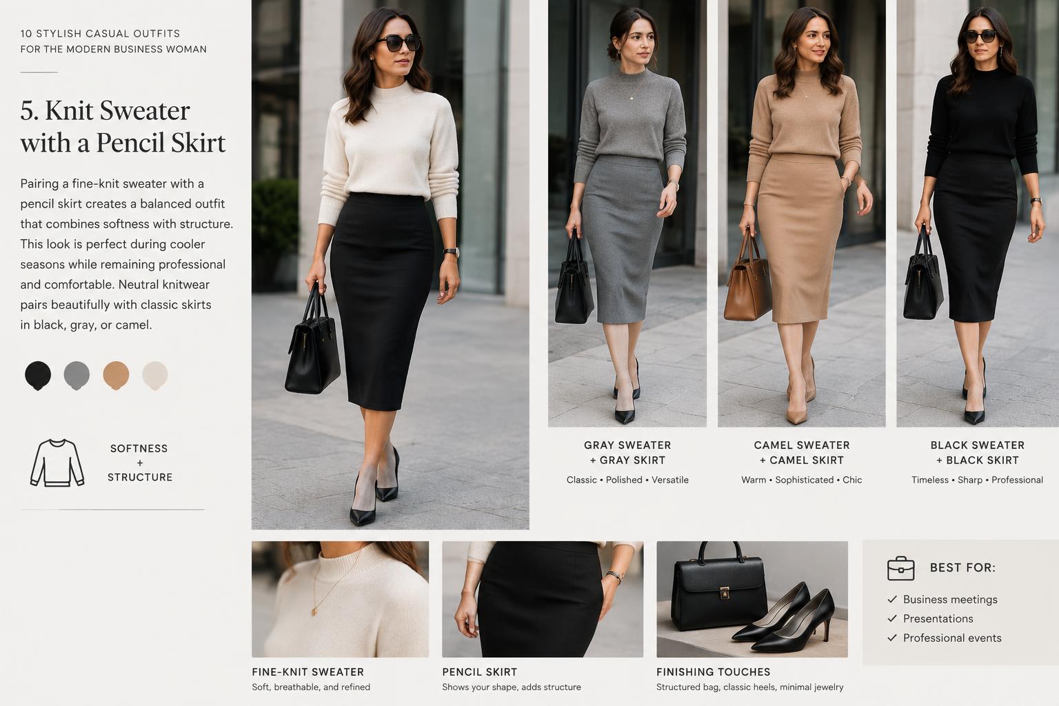 10 Stylish Casual Outfits for the Modern Business Woman 5. Knit Sweater with a Pencil Skirt