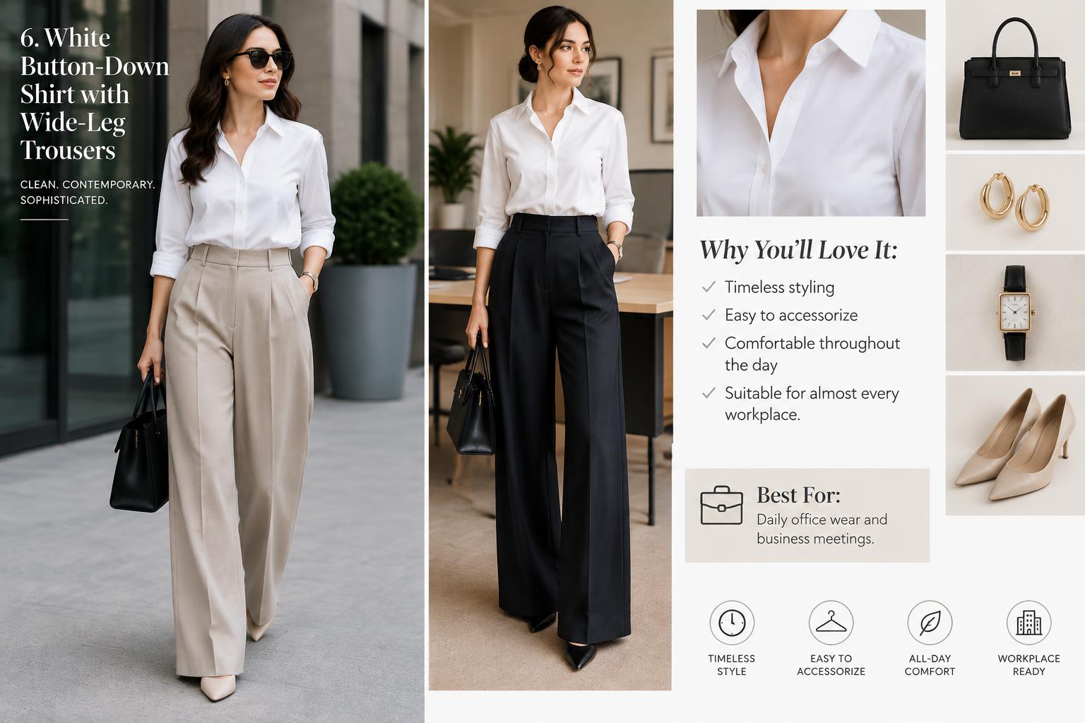 10 Stylish Casual Outfits for the Modern Business Woman 6. White Button Down Shirt with Wide Leg Trousers
