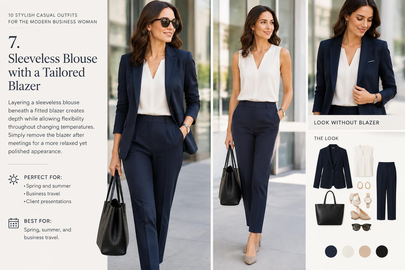 10 Stylish Casual Outfits for the Modern Business Woman 7. Sleeveless Blouse with a Tailored Blazer