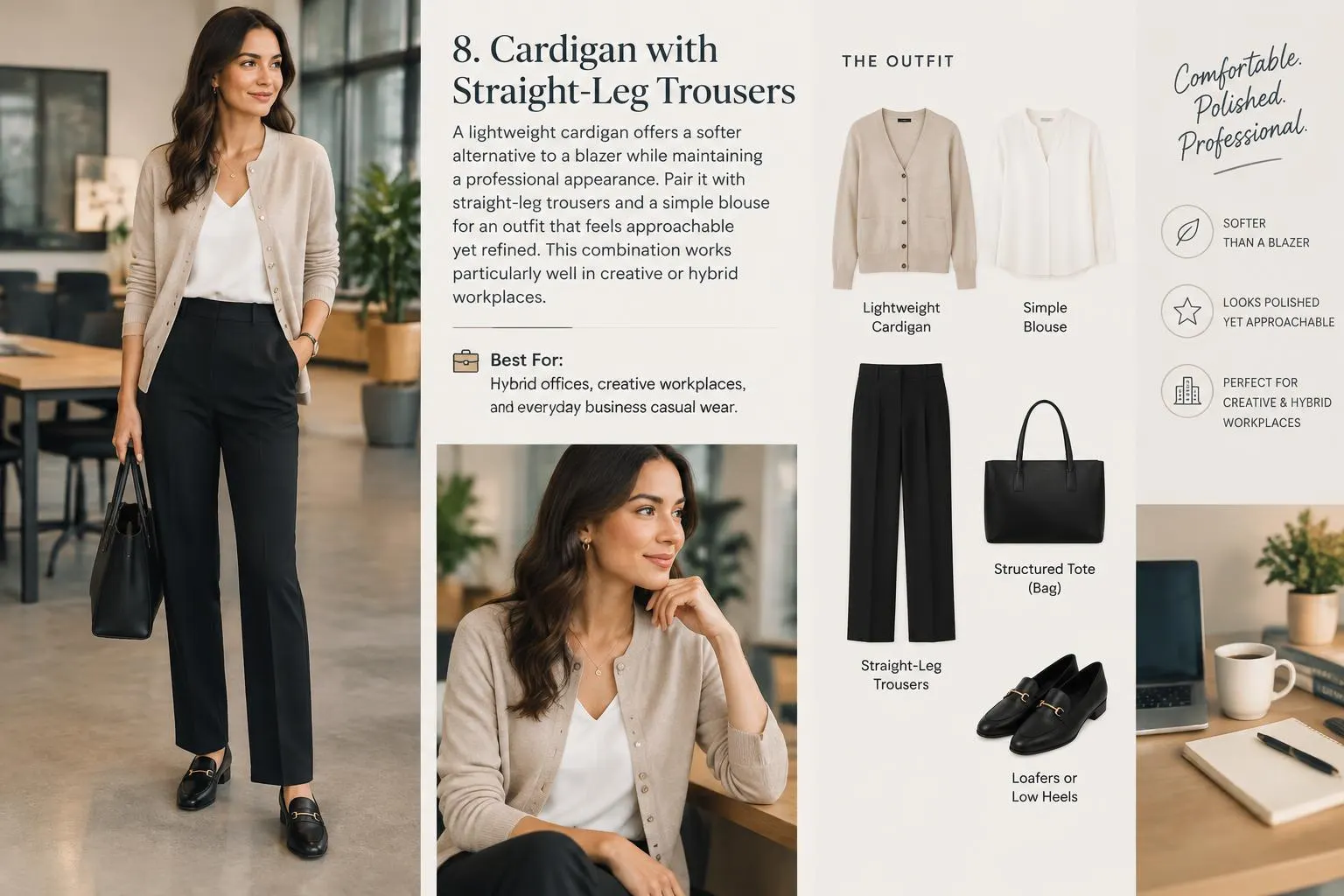 10 Stylish Casual Outfits for the Modern Business Woman 8. Cardigan with Straight Leg Trousers