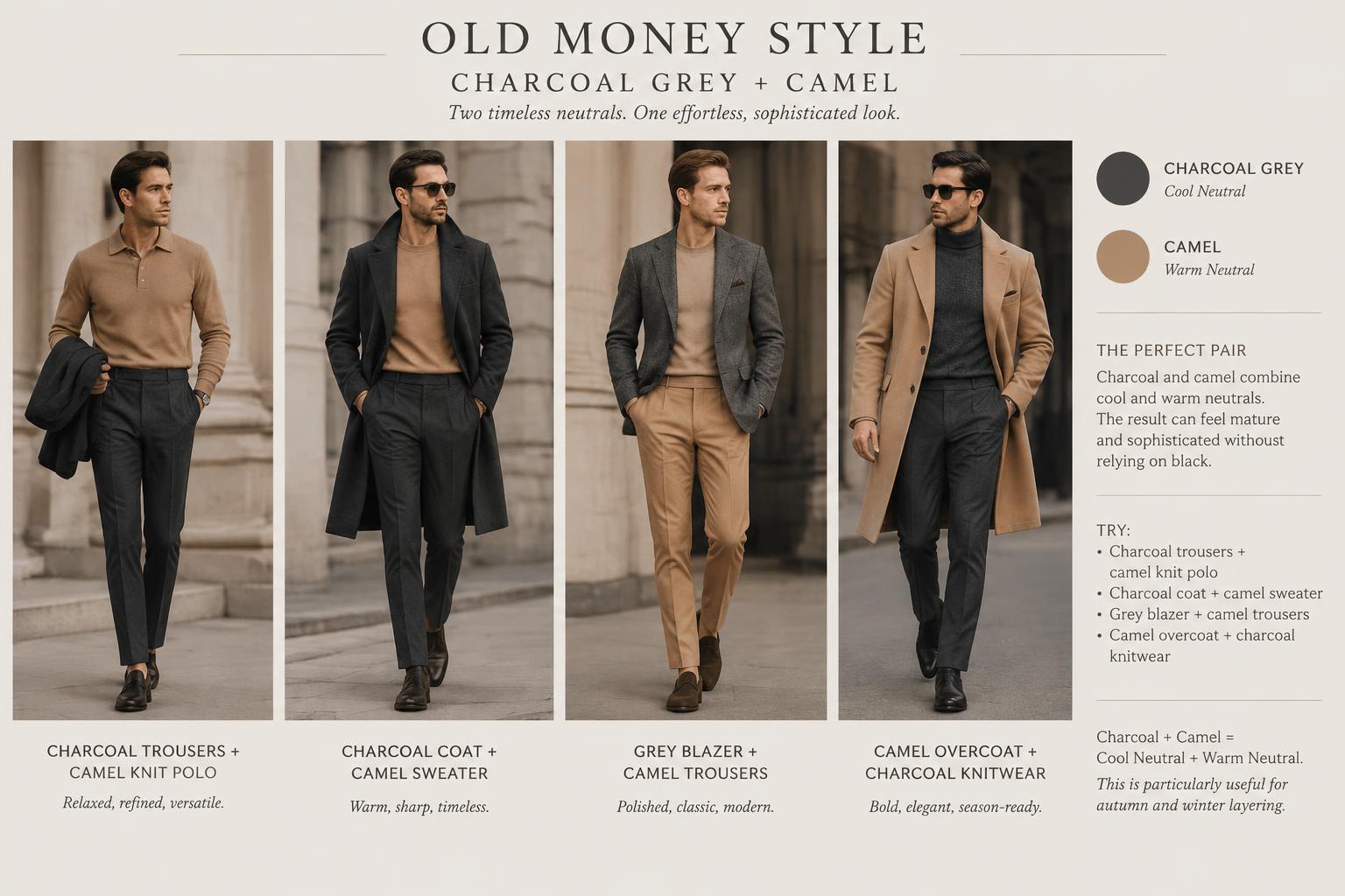 Old Money Color Combinations for Men Charcoal Grey Camel