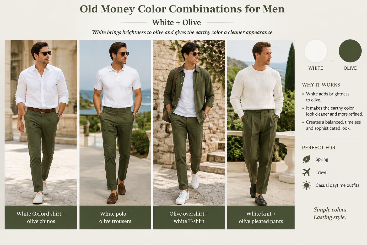 Old Money Color Combinations for Men White Olive