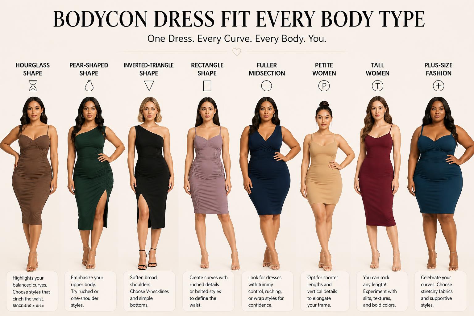 Bodycon Dress Fit Every Body Type Hourglass Shapes Pear Shaped Inverted Triangle Shapes Rectangle Shapes Fuller Midsection Petite Women Tall Women Plus Size Fashion 2