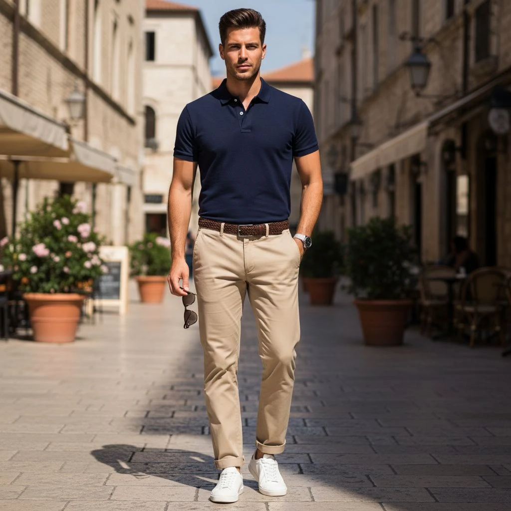 Most classic polo shirts have short sleeves that end around the middle of the upper arm.