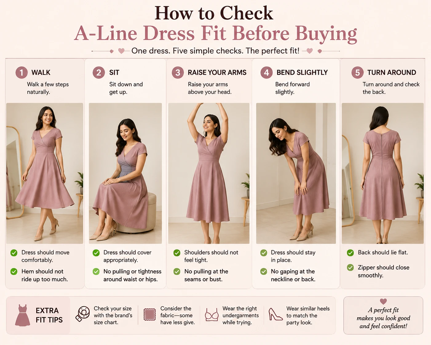 How to Check A Line Dress Fit Before Buying Walk Sit raise Your Arms Bend Slightly Turn Around