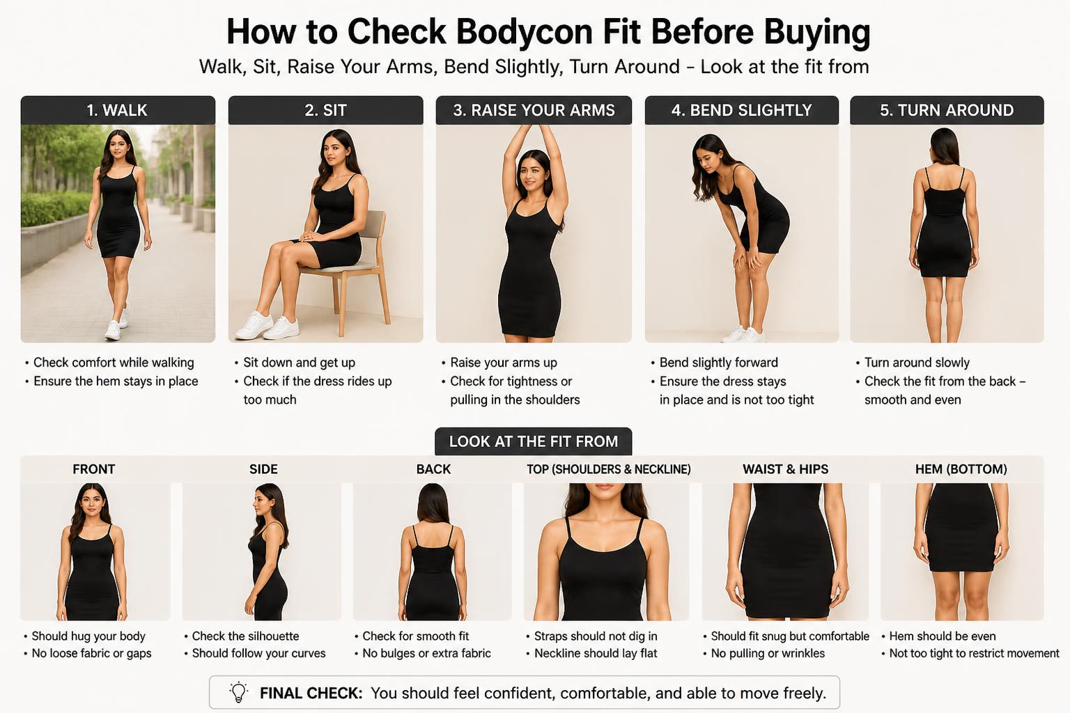 How to Check Bodycon Fit Before Buying Walk Sit Raise Your Arms Bend Slightly Turn Around Look at the fit from